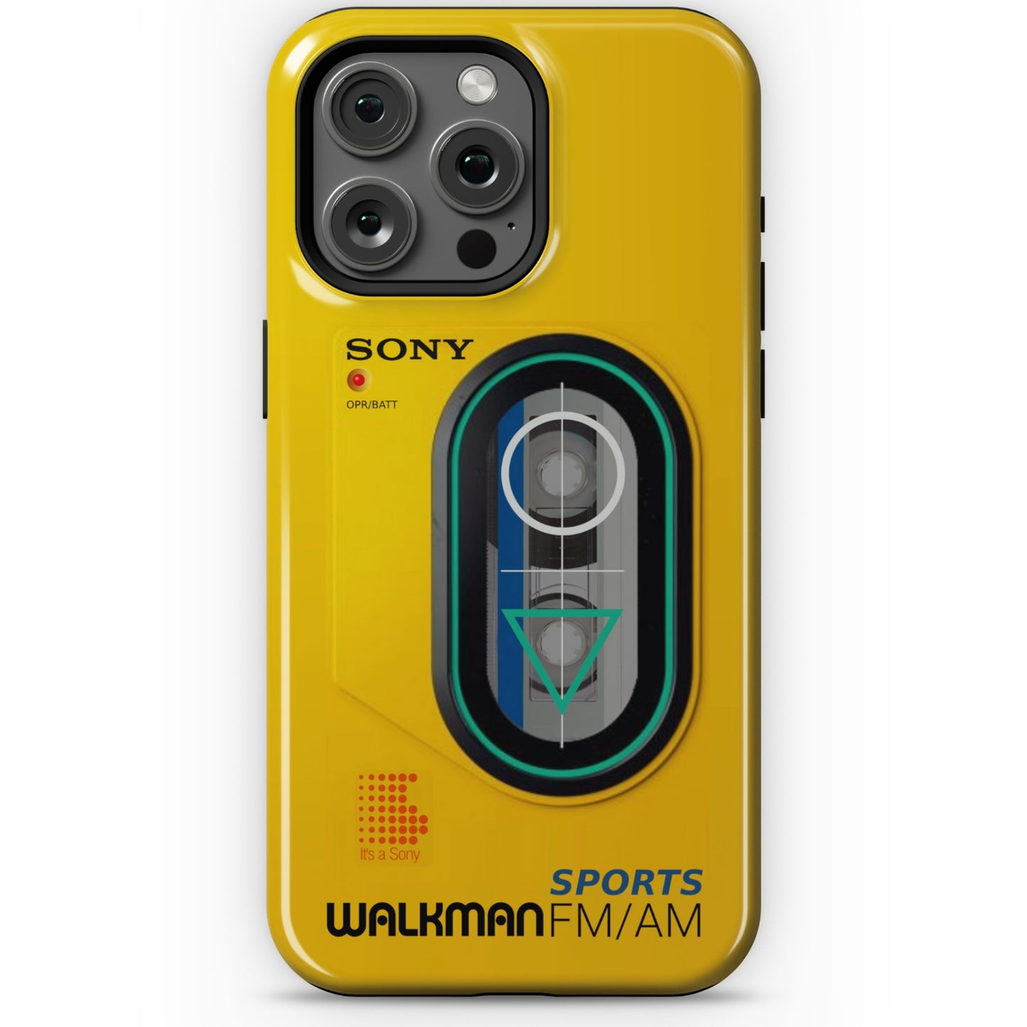 iPhone 15 Pro Max yellow Tough Magsafe phone case with Sony Walkman design on a white background