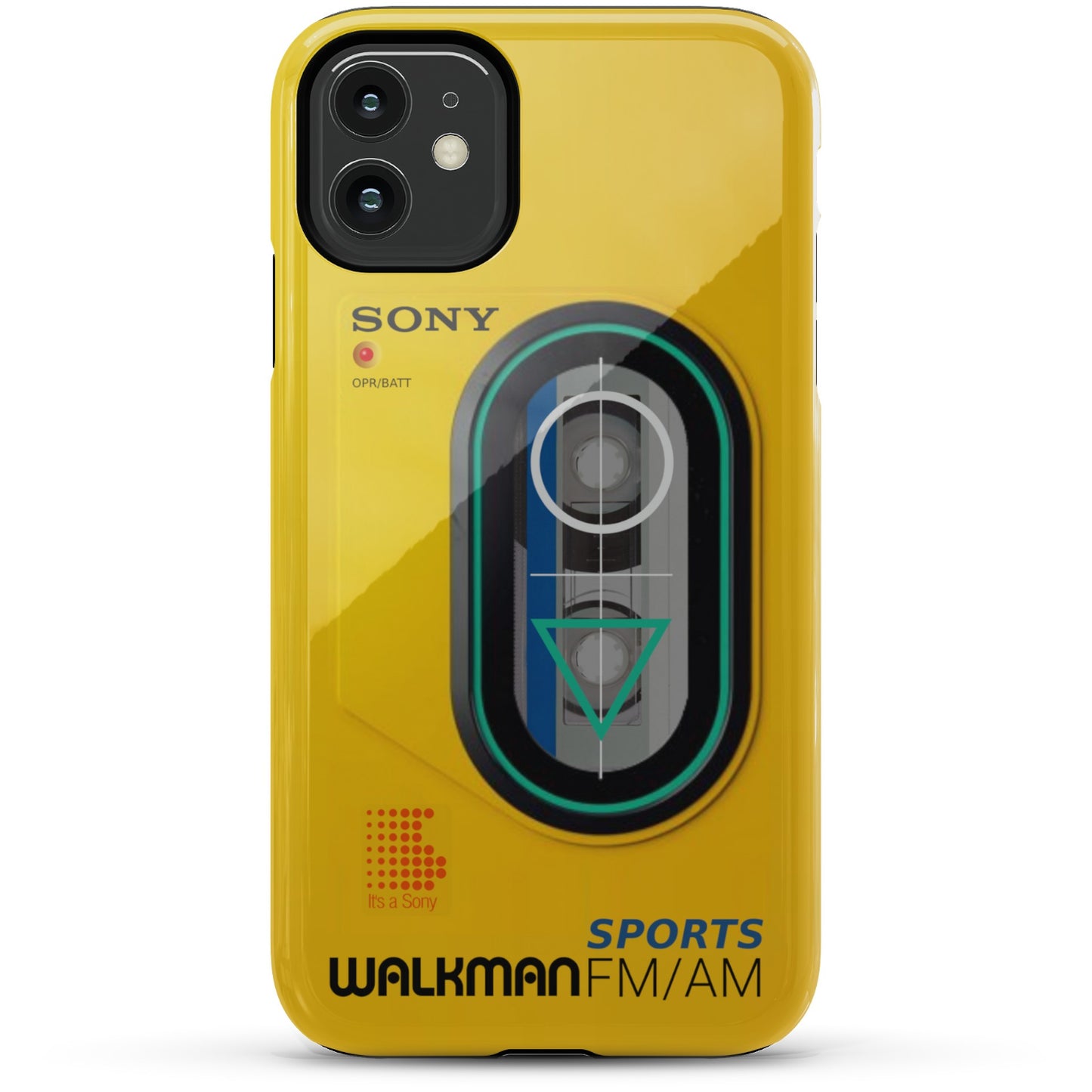 iPhone 11 yellow  Tough phone case with Sony Walkman design on a white background