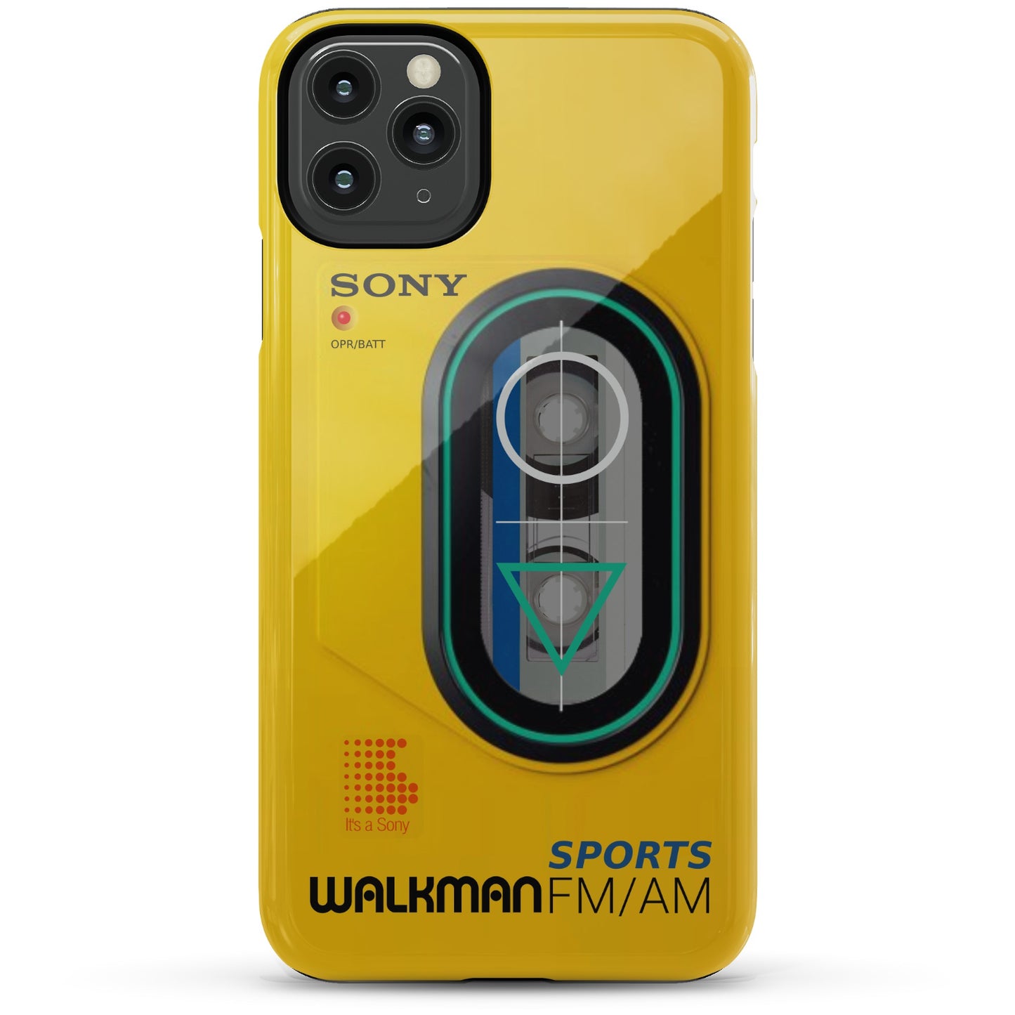 iPhone 11 Pro Max yellow  Tough phone case with Sony Walkman design on a white background