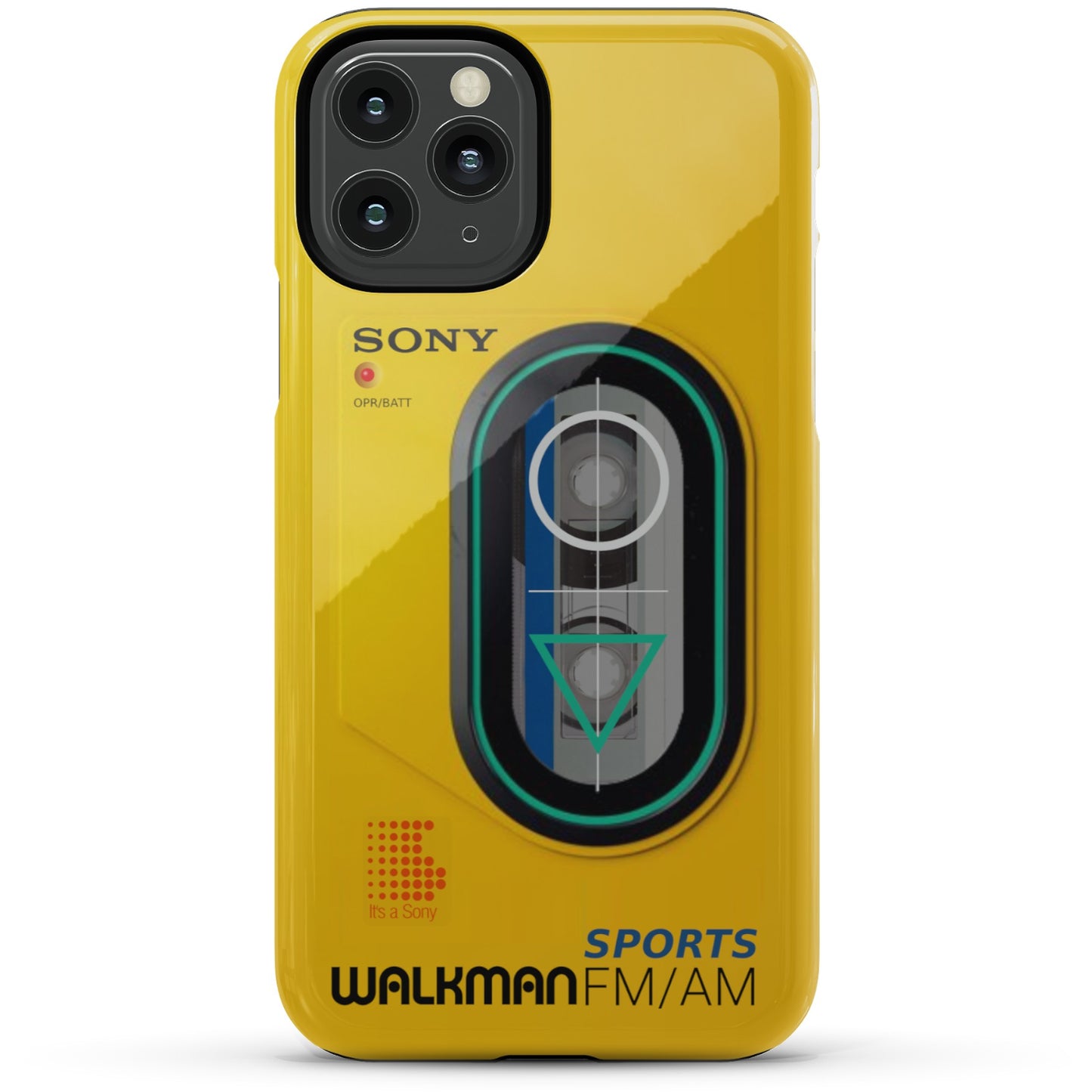 iPhone 11 Pro yellow  Tough phone case with Sony Walkman design on a white background