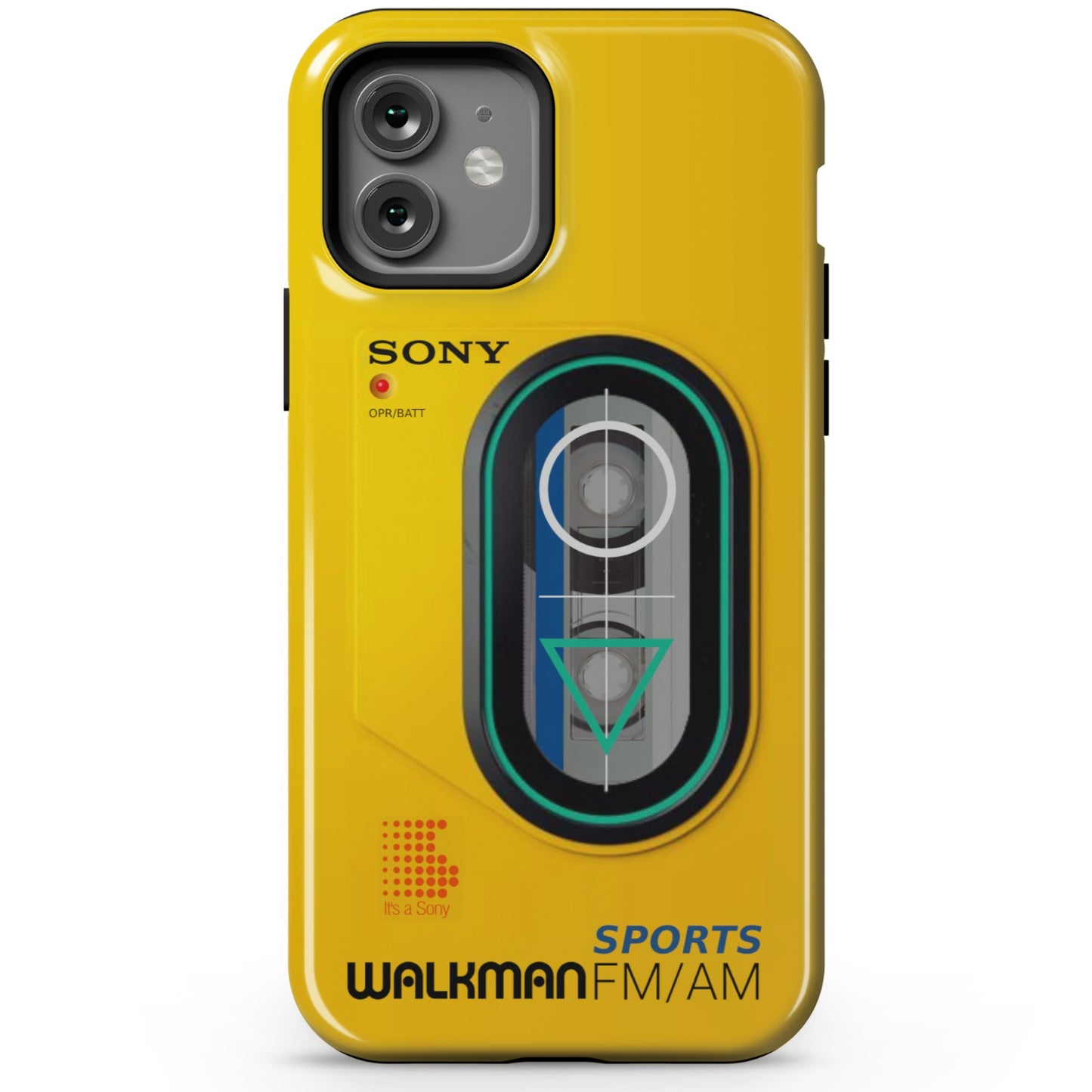 iPhone 12 yellow  Tough phone case with Sony Walkman design on a white background