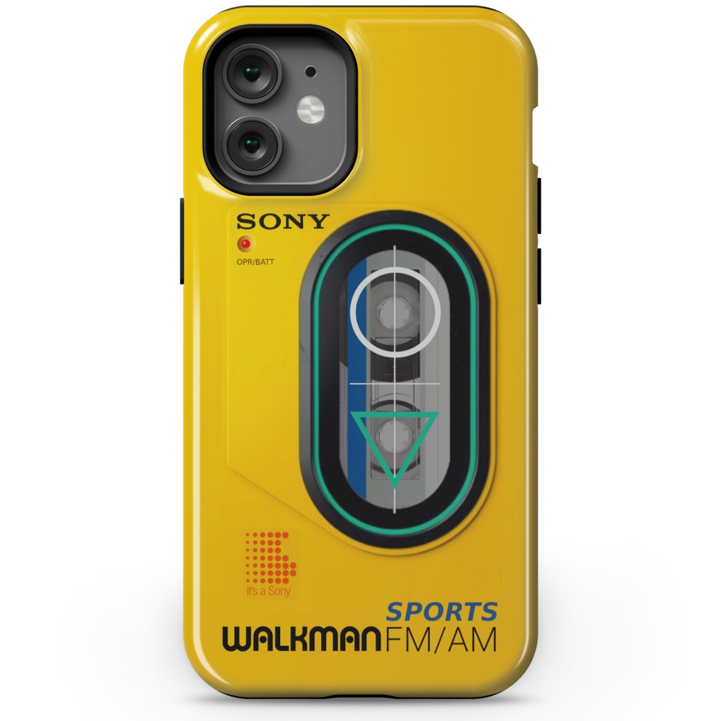 iPhone 12 Mini yellow  Tough phone case with Sony Walkman design on a white background