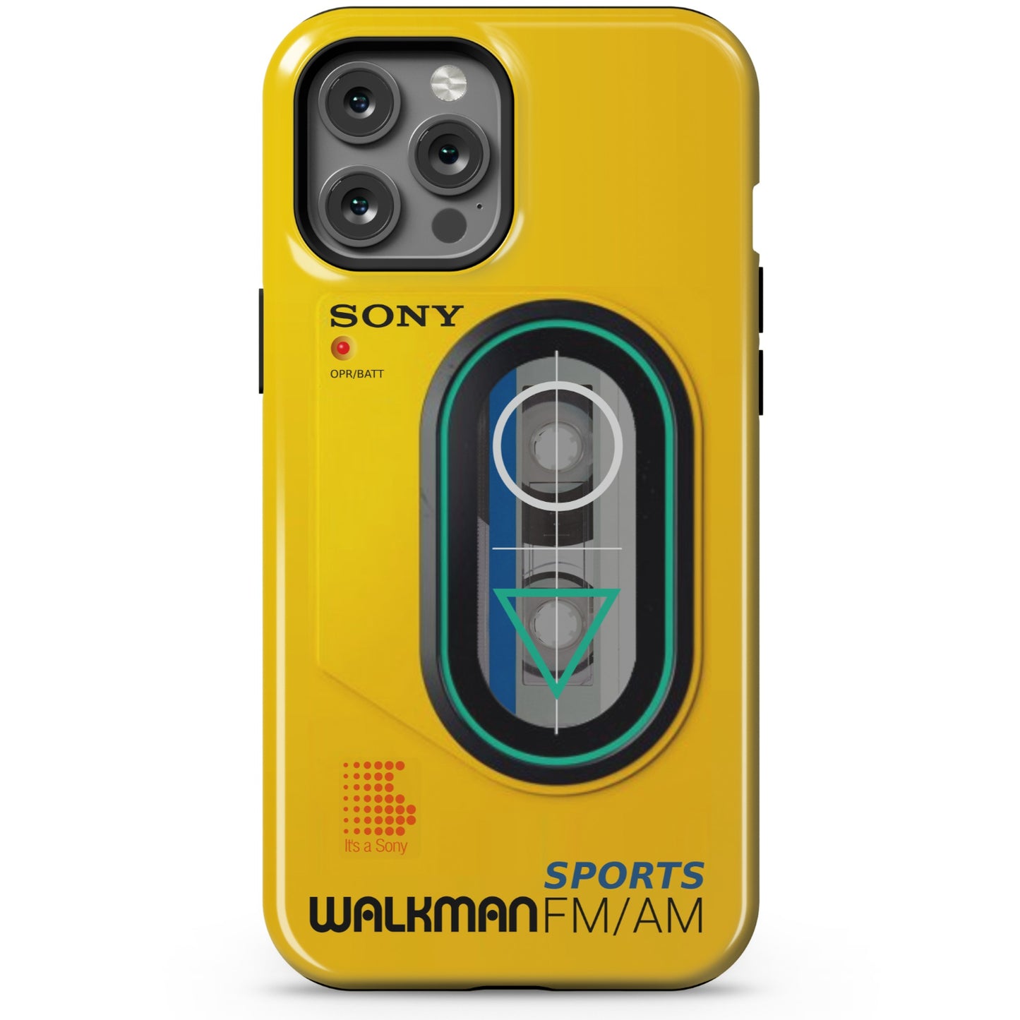 iPhone 12 Pro Max yellow  Tough phone case with Sony Walkman design on a white background