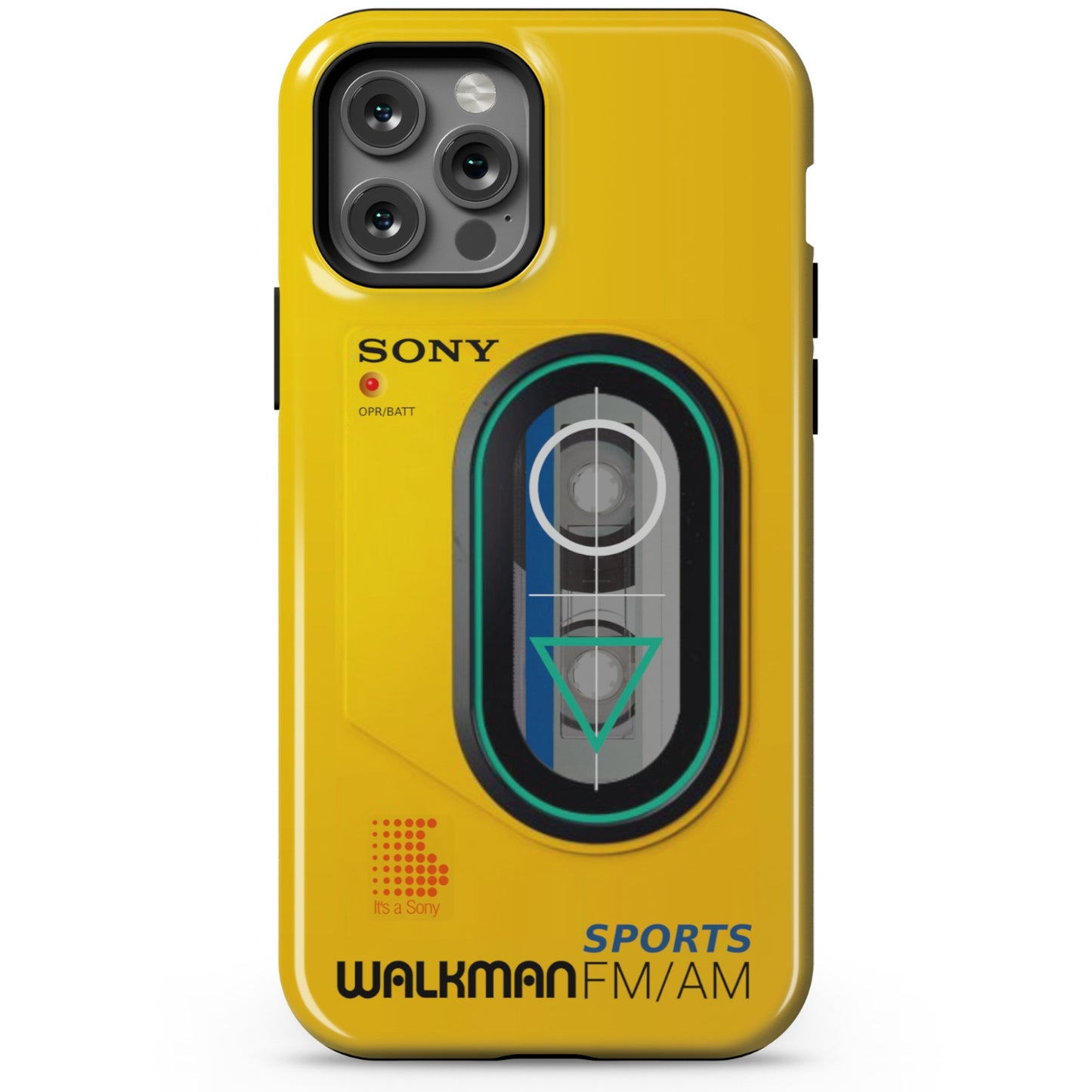 iPhone 12 Pro yellow  Tough phone case with Sony Walkman design on a white background