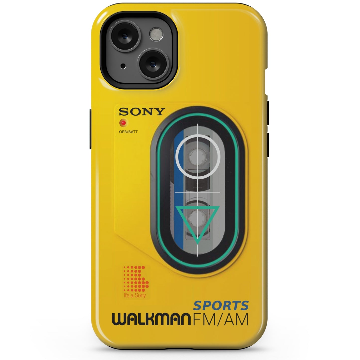 iPhone 13 yellow  Tough phone case with Sony Walkman design on a white background