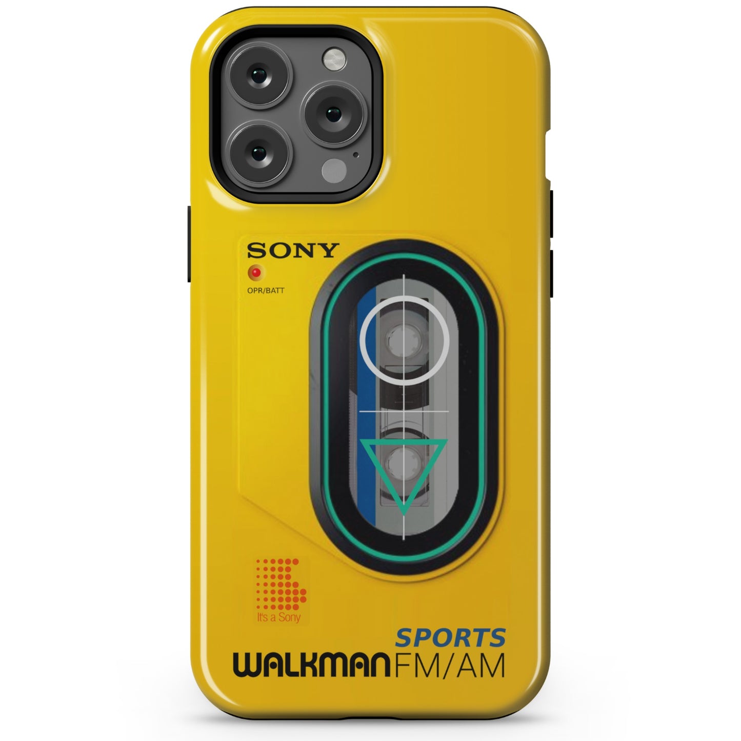 iPhone 13 Pro Max yellow  Tough phone case with Sony Walkman design on a white background
