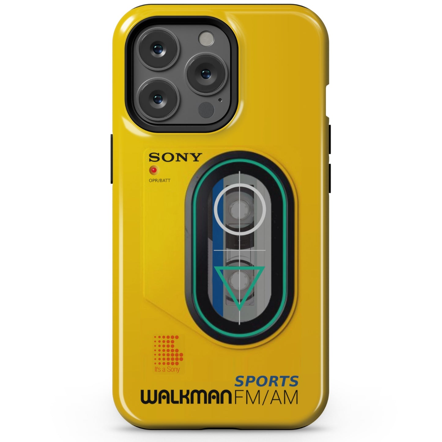 iPhone 13 Pro yellow  Tough phone case with Sony Walkman design on a white background
