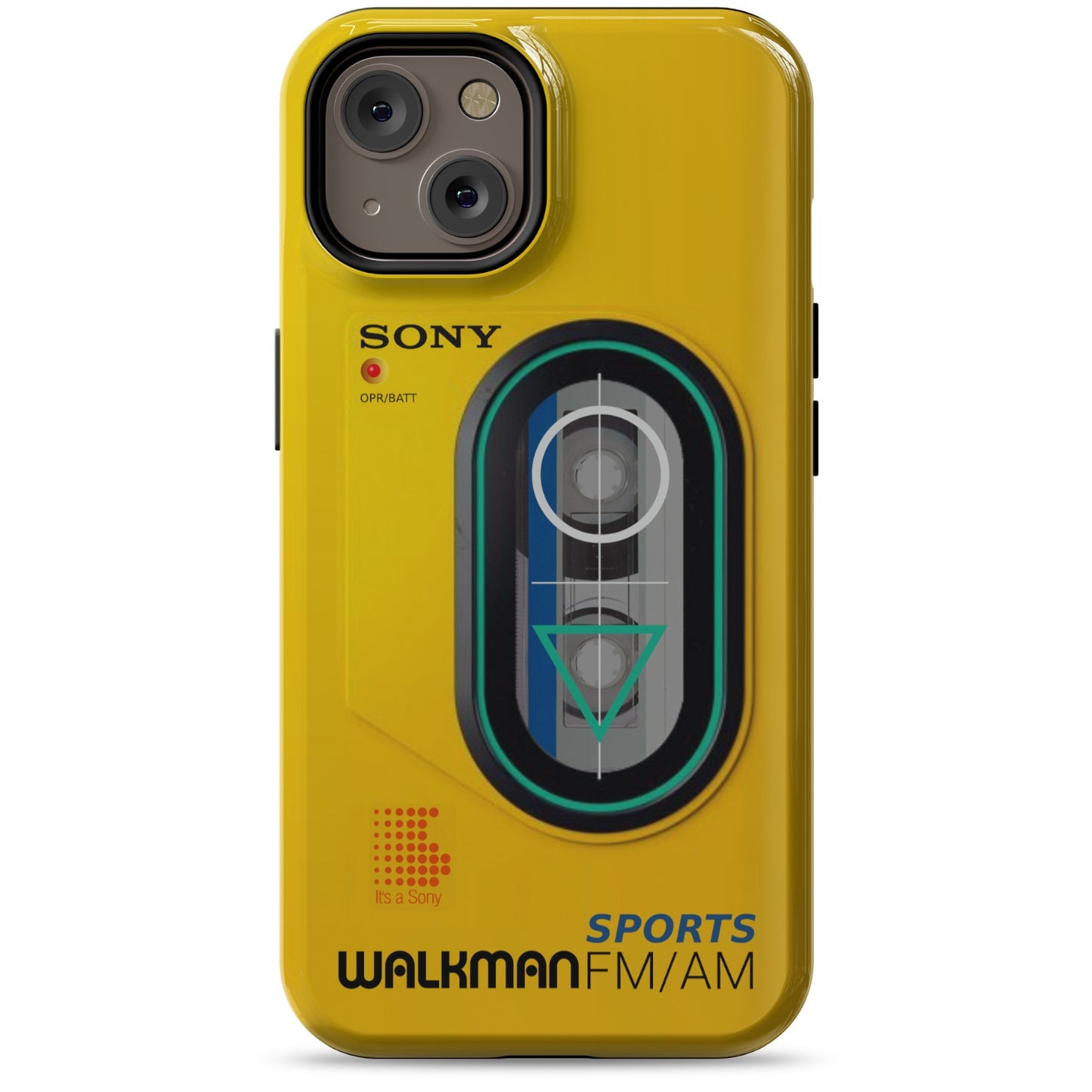 iPhone 14 yellow Tough Magsafe phone case with Sony Walkman design on a white background
