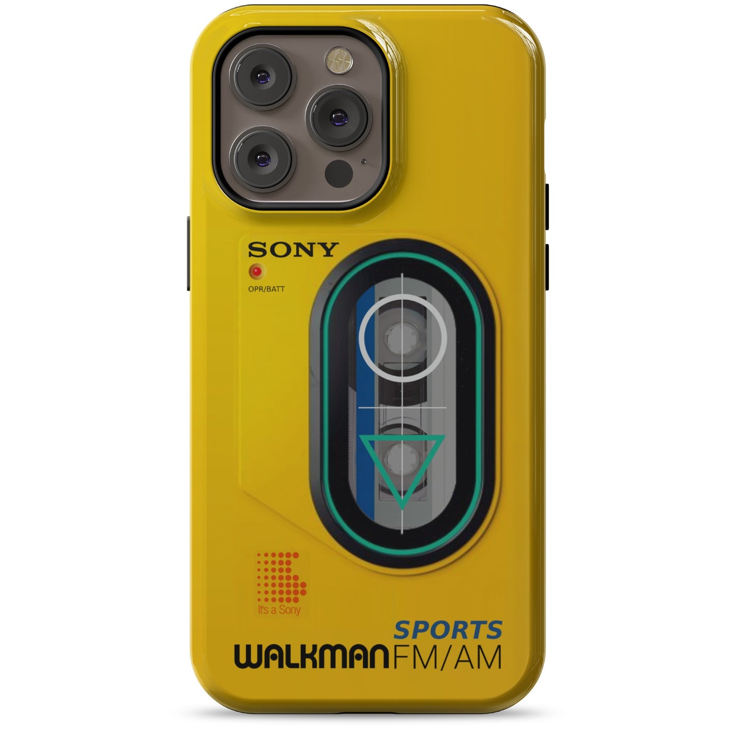 iPhone 14 Pro Max yellow  Tough Magsafe phone case with Sony Walkman design on a white background