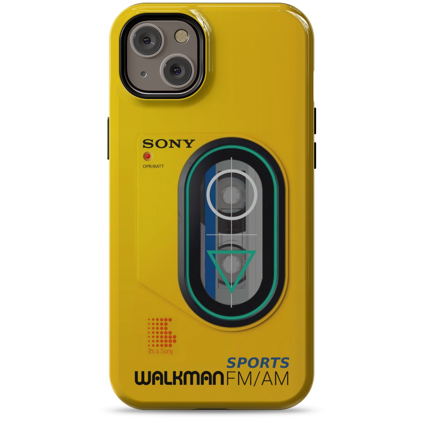 iPhone 14 Plus yellow Tough Magsafe phone case with Sony Walkman design on a white background