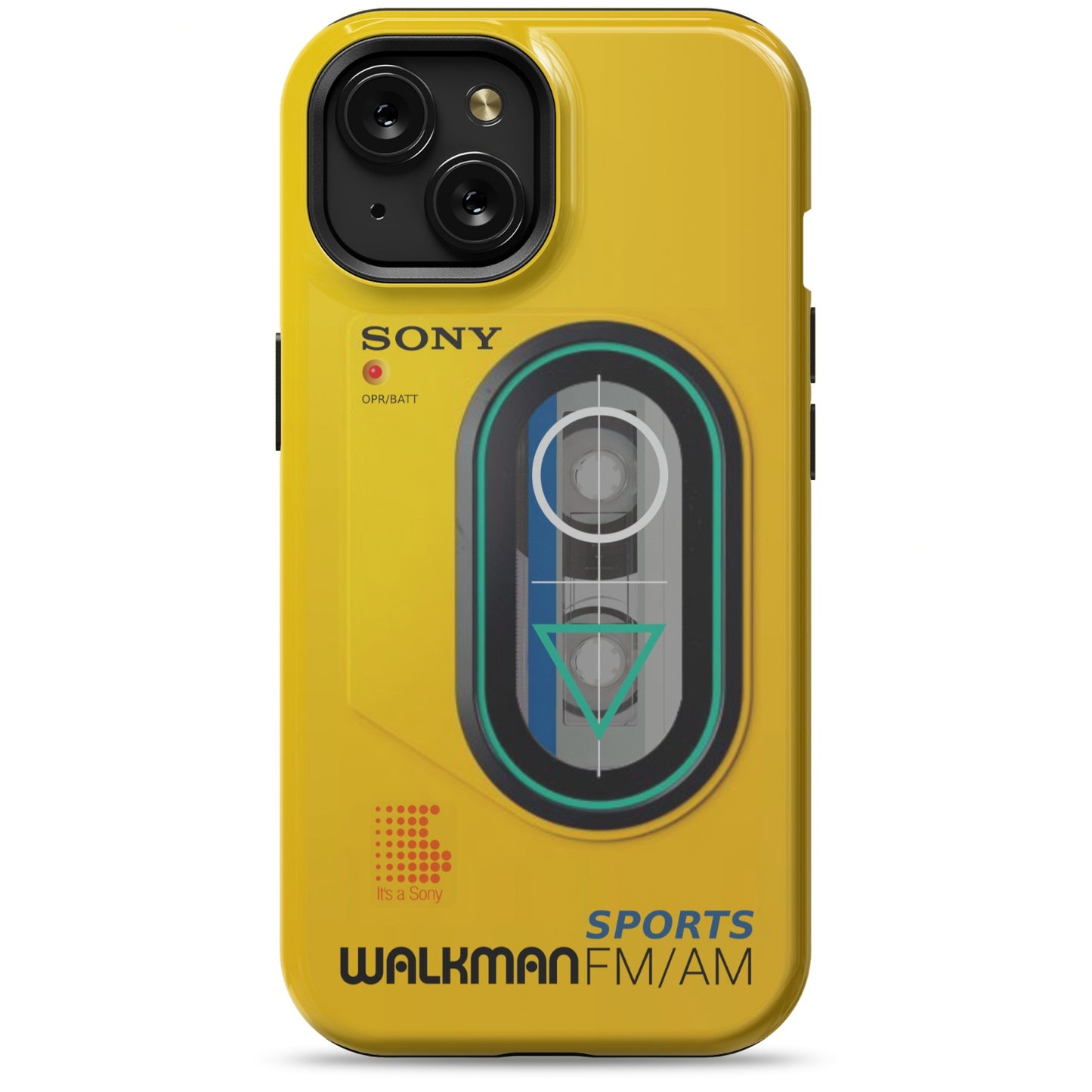 iPhone 15 yellow Tough Magsafe phone case with Sony Walkman design on a white background