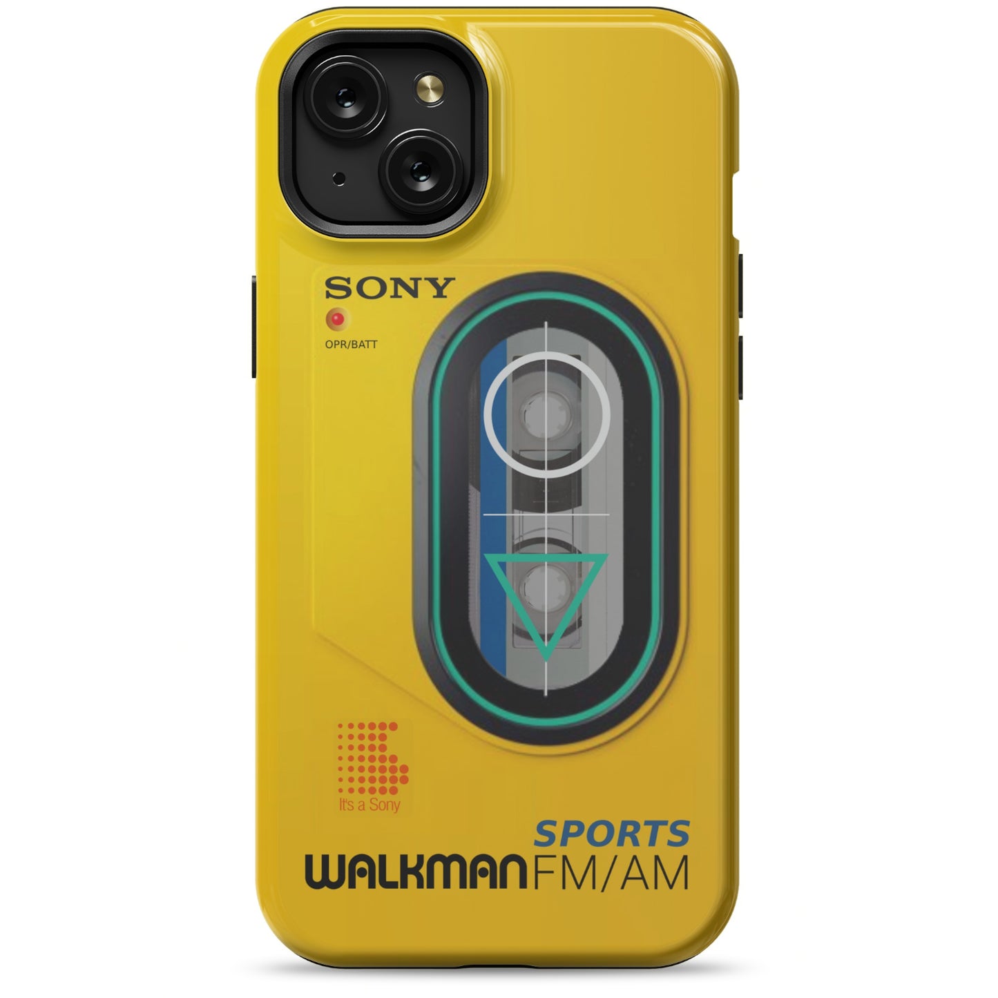 iPhone 15 Plus yellow Tough Magsafe phone case with Sony Walkman design on a white background