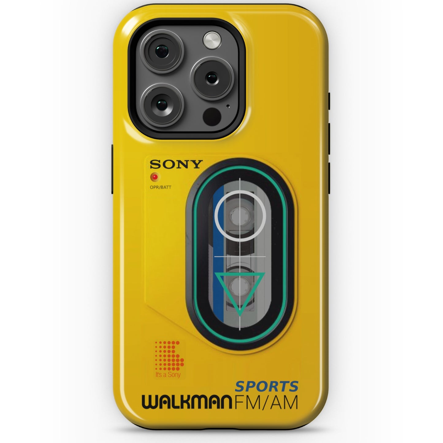 iPhone 15 Pro yellow Tough Magsafe phone case with Sony Walkman design on a white background