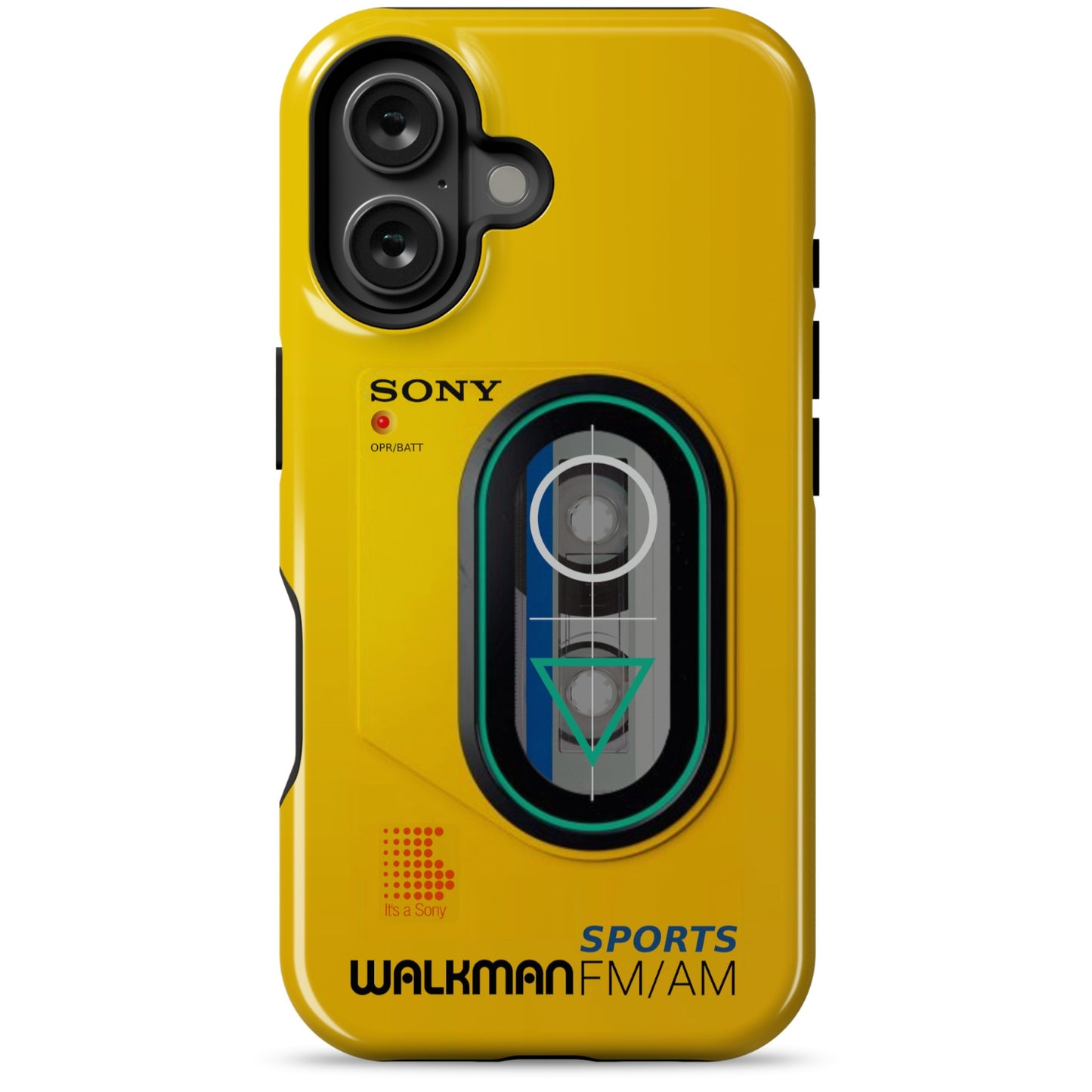 iPhone 16 yellow Tough Magsafe phone case with Sony Walkman design on a white background