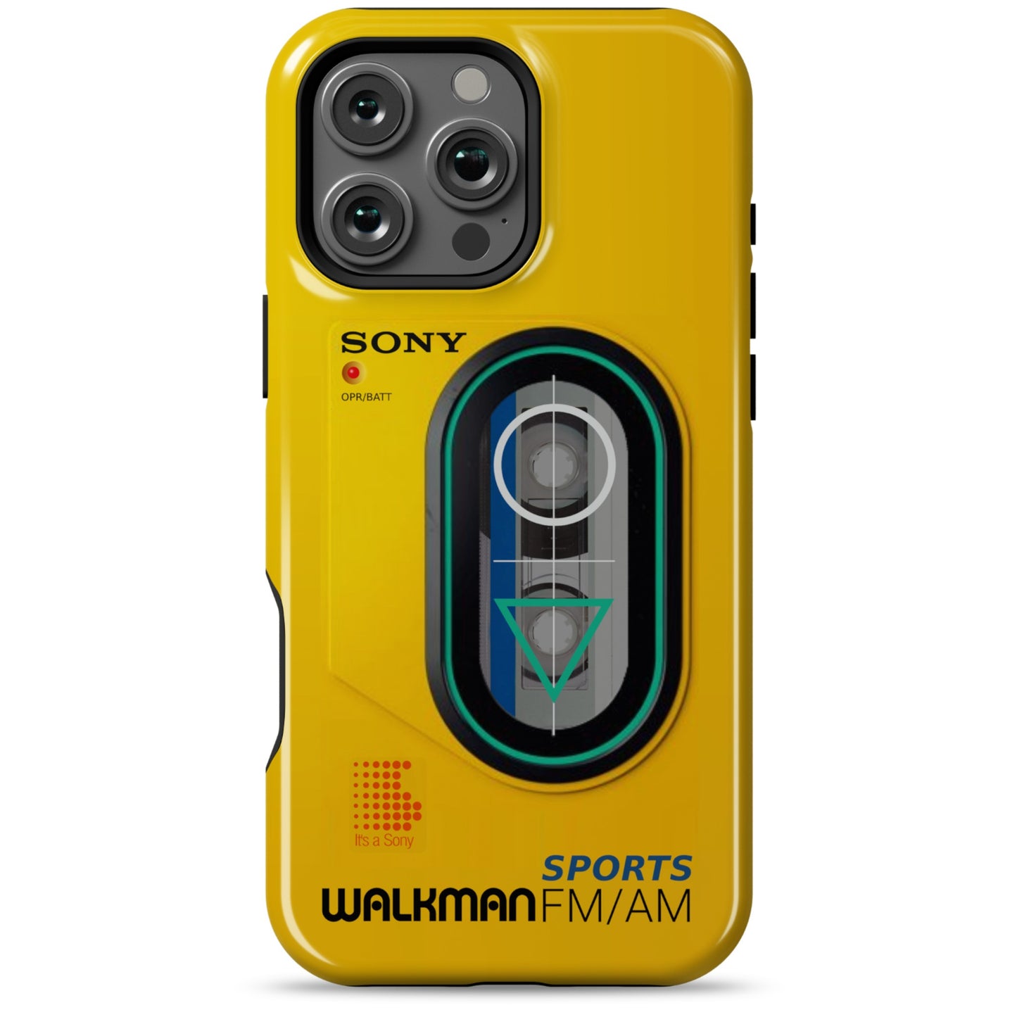 iPhone 16 Pro Max yellow Tough Magsafe phone case with Sony Walkman design on a white background