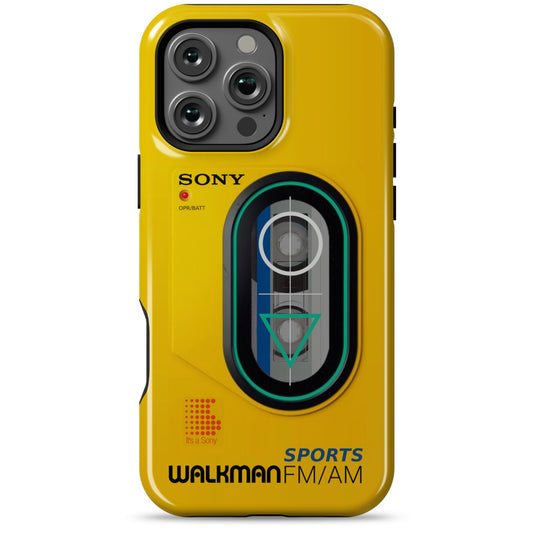 iPhone 16 Pro Max yellow Tough Magsafe phone case with Sony Walkman design on a white background