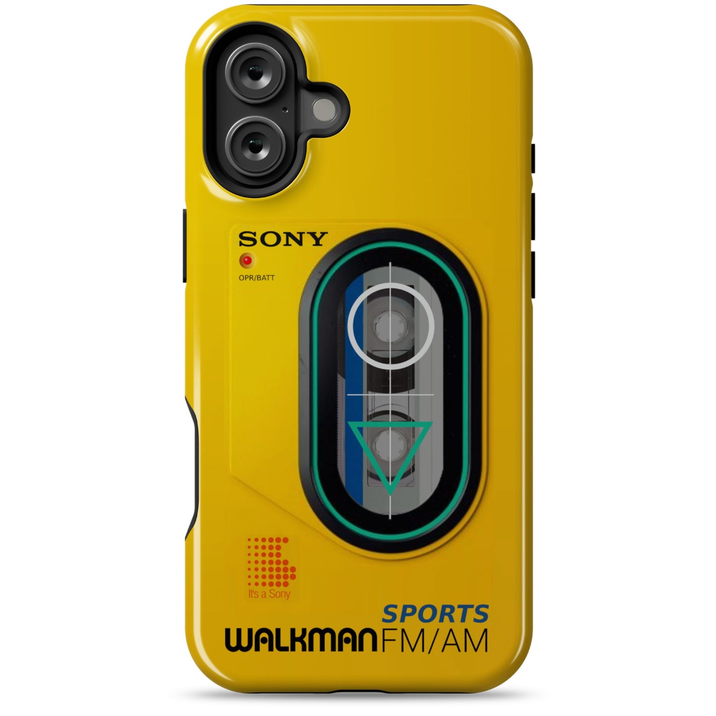 iPhone 16 Plus yellow Tough Magsafe phone case with Sony Walkman design on a white background