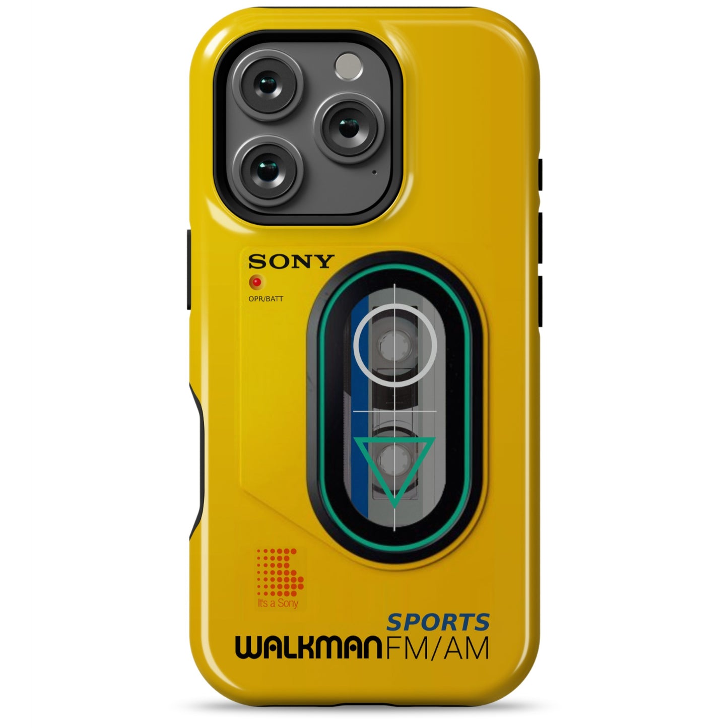 iPhone 16 Pro yellow Tough Magsafe phone case with Sony Walkman design on a white background