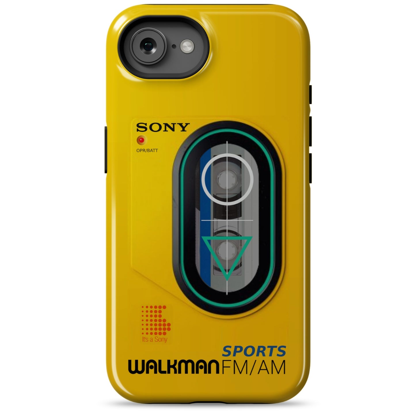 iPhone 16e yellow Tough Magsafe phone case with Sony Walkman design on a white background