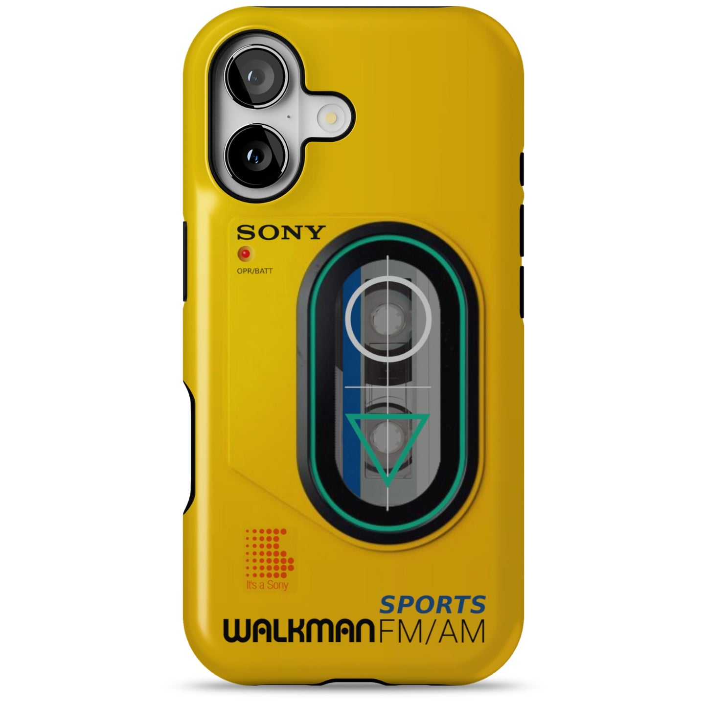 iPhone 17 yellow Tough Magsafe phone case with Sony Walkman design on a white background