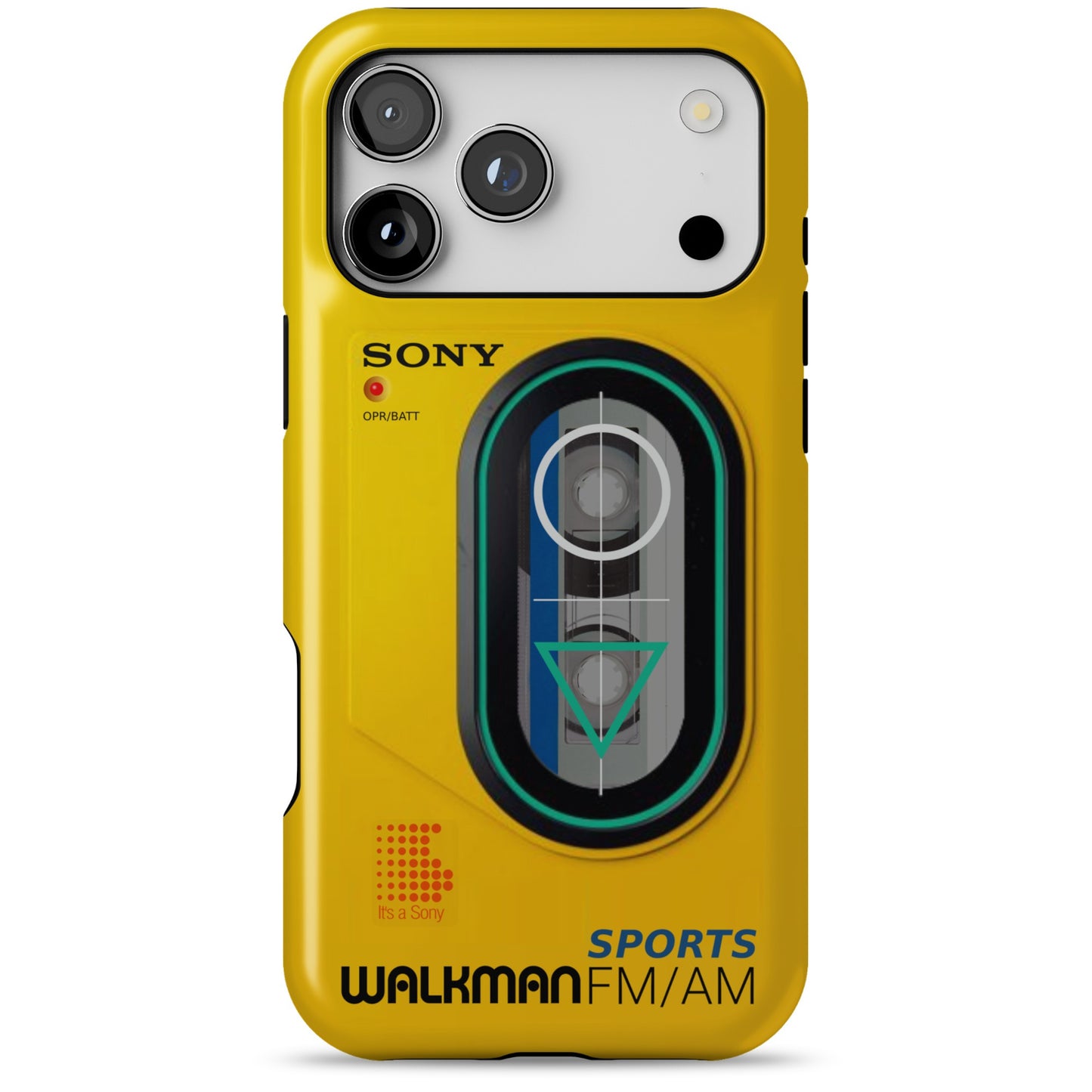 iPhone 17 Pro Max yellow Tough Magsafe phone case with Sony Walkman design on a white background