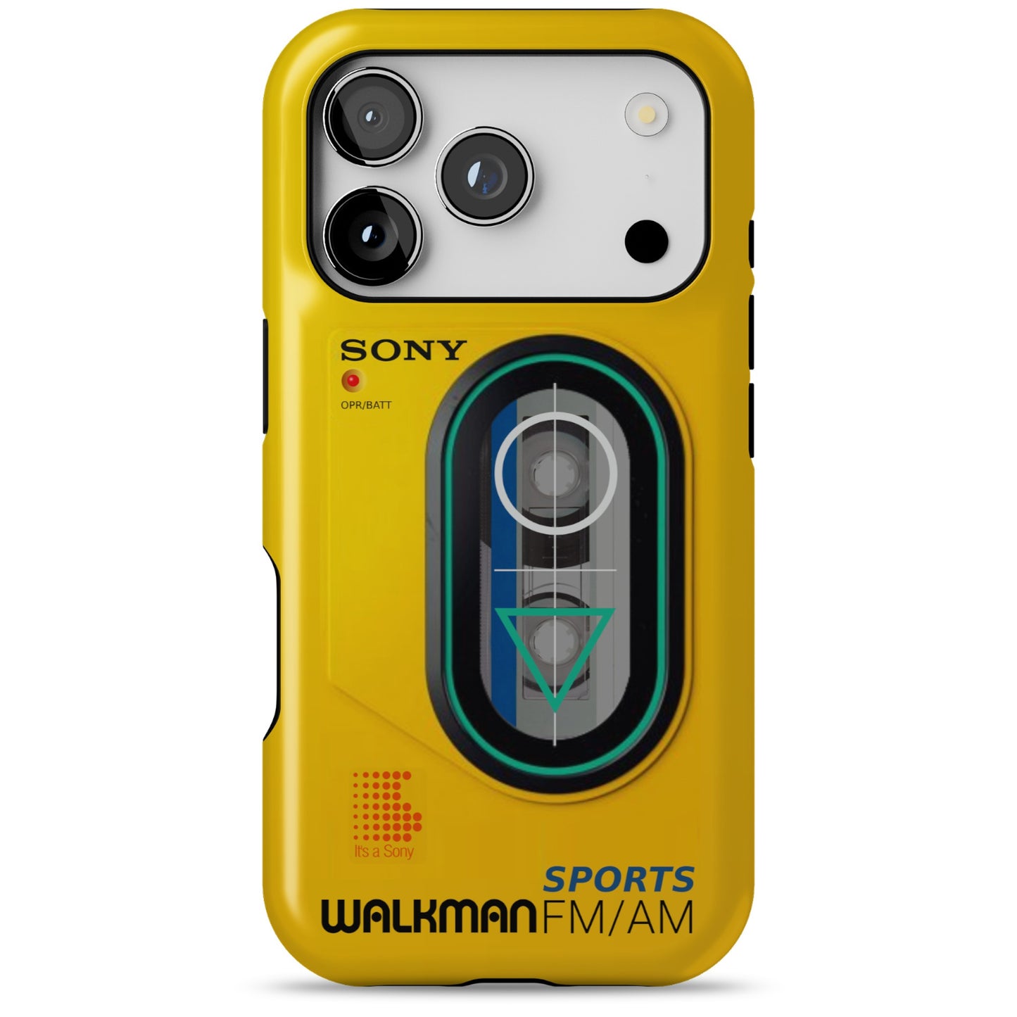 iPhone 17 Pro yellow Tough Magsafe phone case with Sony Walkman design on a white background