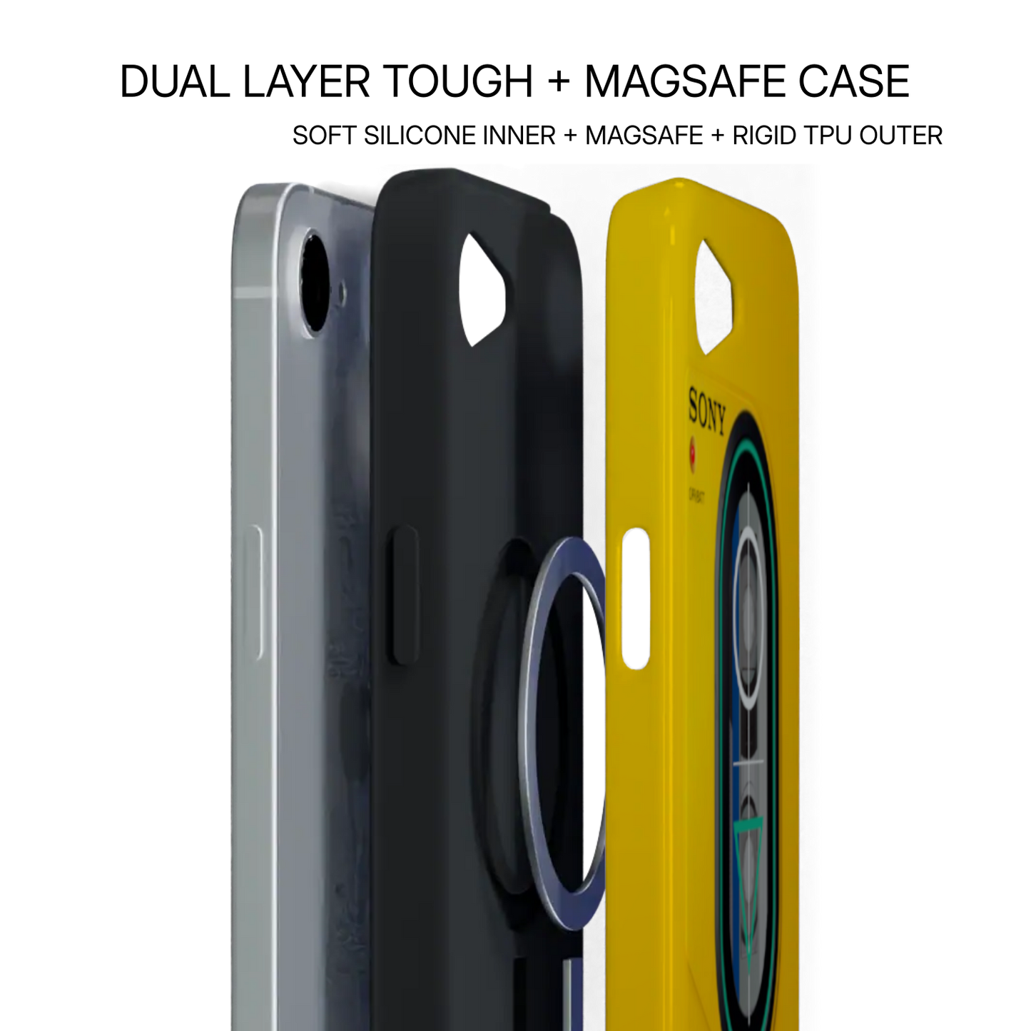 Dual-layer tough case with soft silicone inner, MagSafe, and rigid TPU outer on a white background.