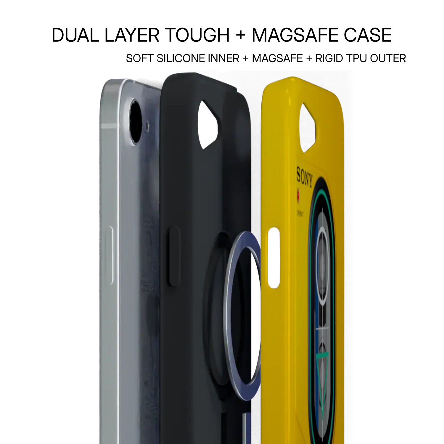 Dual-layer tough case with soft silicone inner, MagSafe, and rigid TPU outer on a white background.