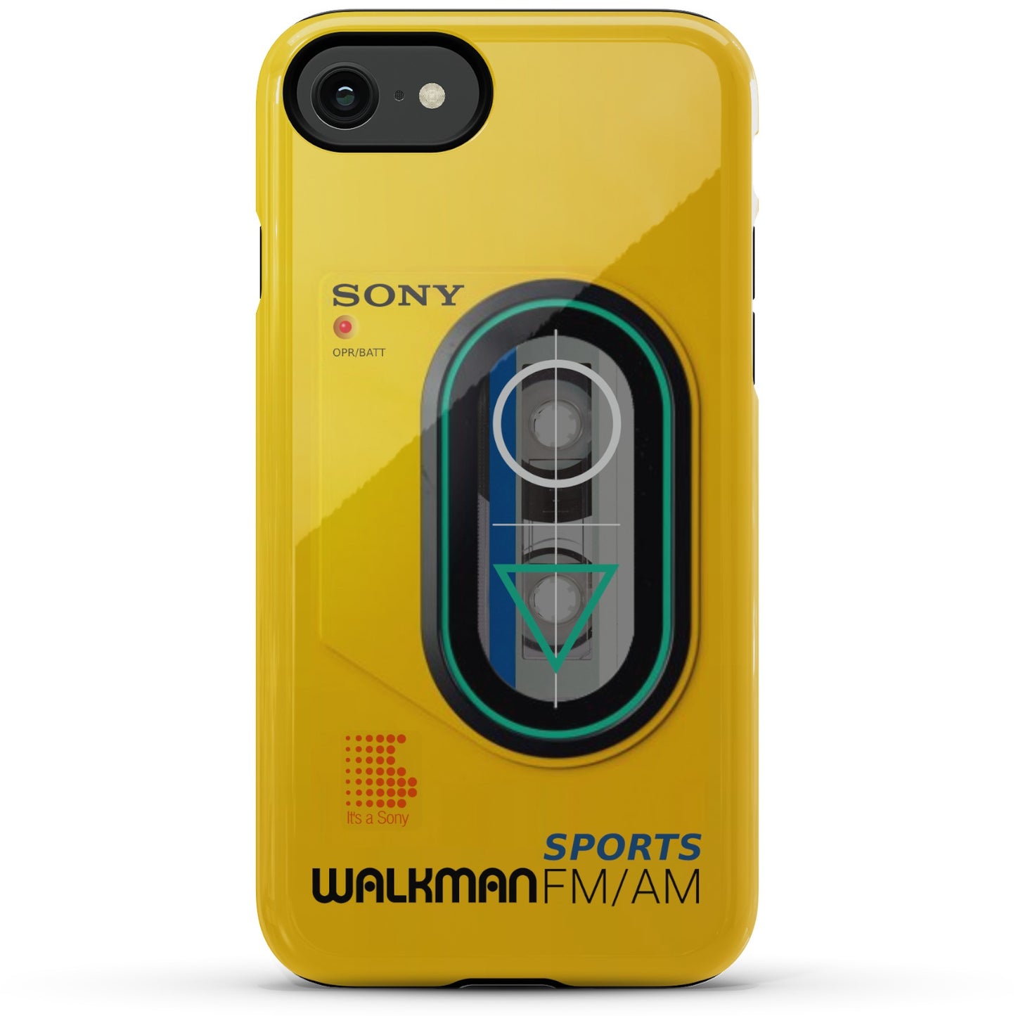 iPhone SE yellow  Tough phone case with Sony Walkman design on a white background