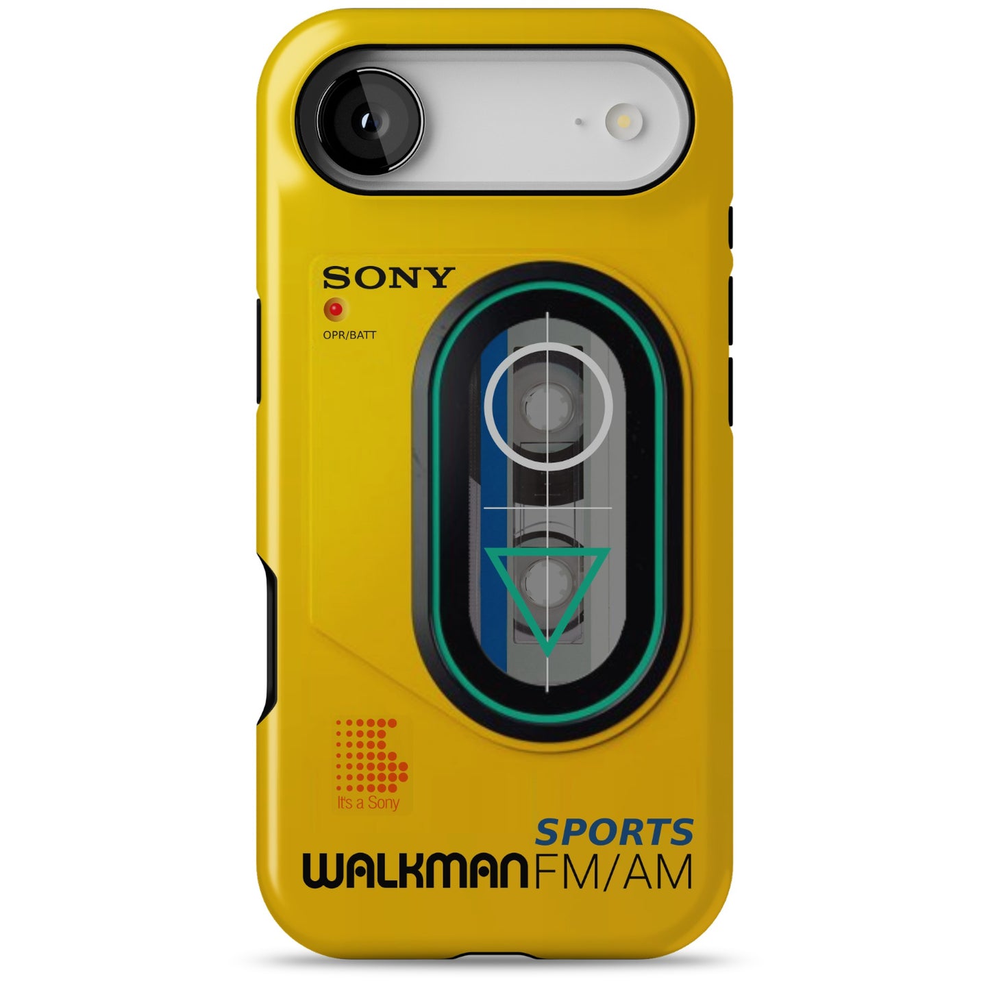 iPhone Air yellow Tough Magsafe phone case with Sony Walkman design on a white background