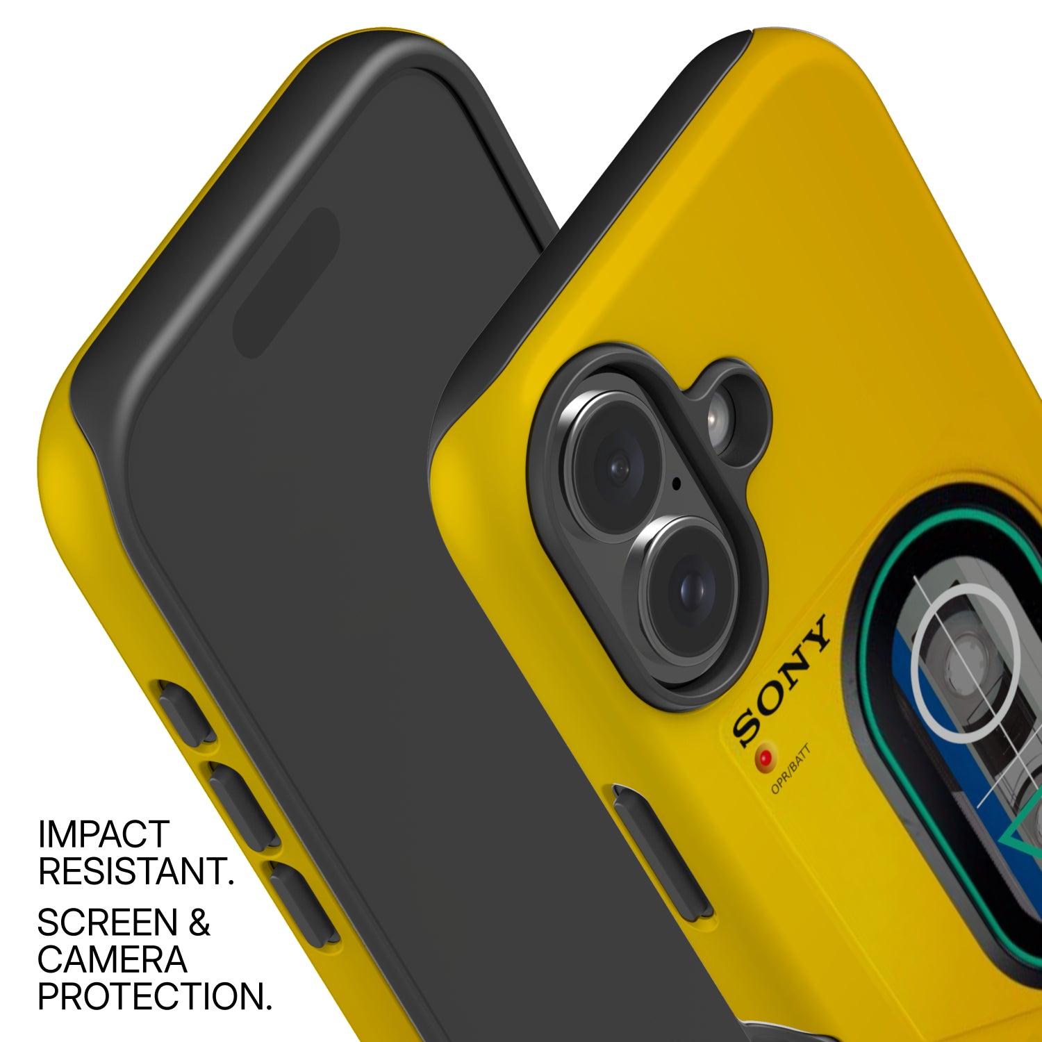 Yellow phone case with Sony branding and camera details on a white background