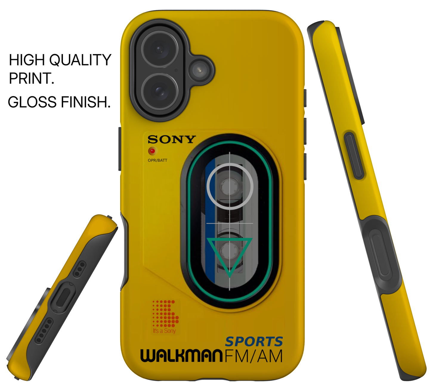 Yellow phone case with Sony Walkman design on a white background
