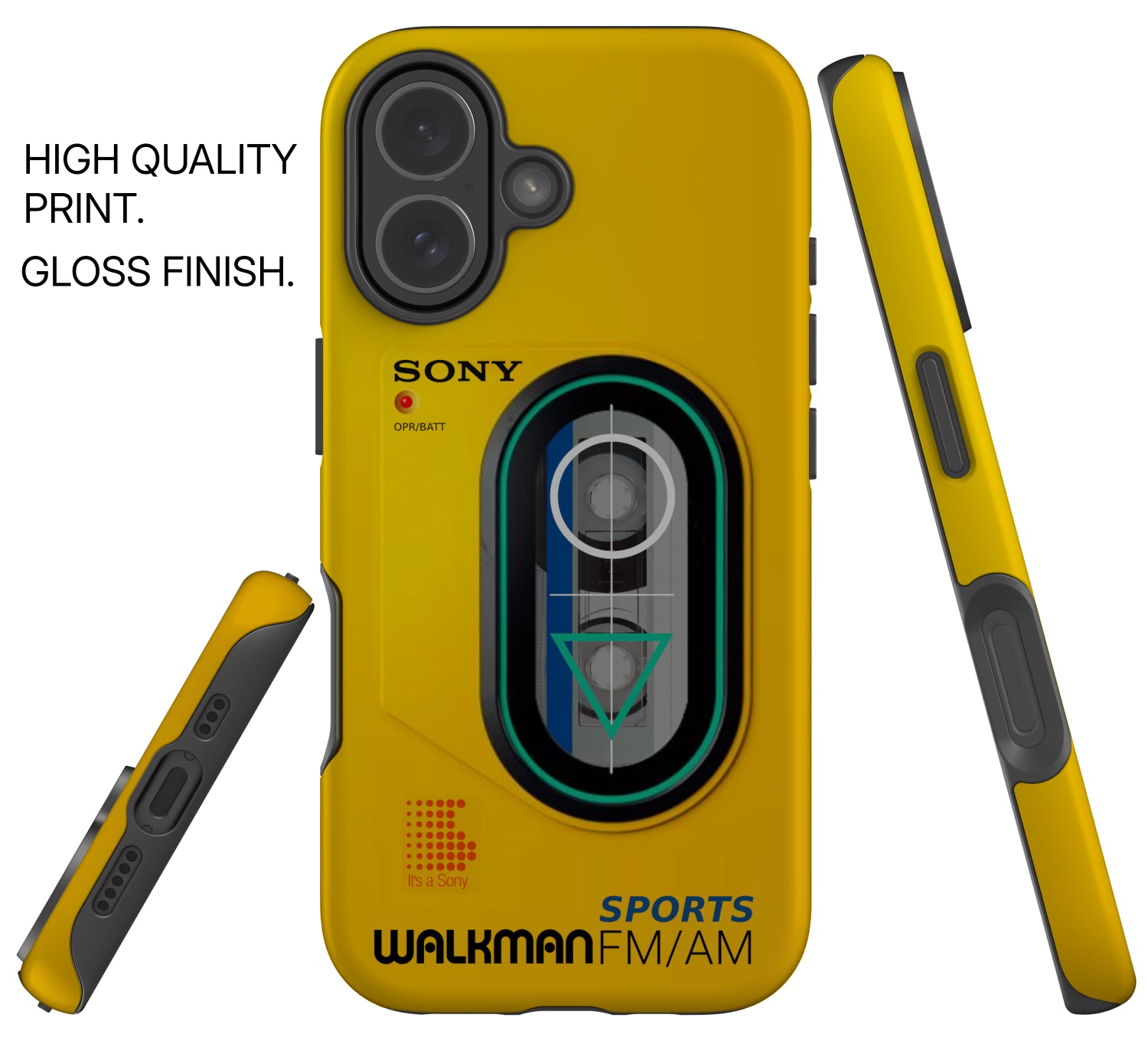 Yellow phone case with Sony Walkman design on a white background